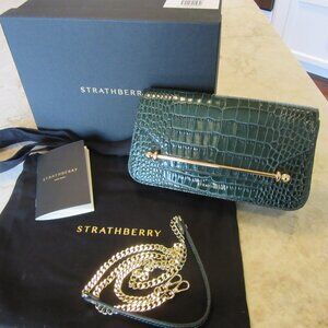 Strathberry Omni East/West Shoulder Bag/Clutch Bottle Green Embossed Croc